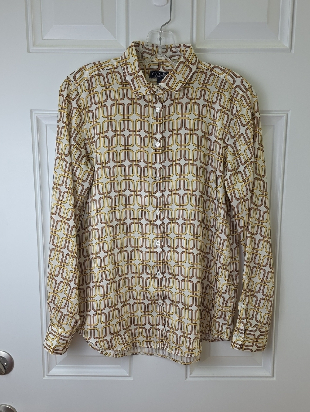 Curling Cream, Brown & Gold Geometric Button-Up Blouse. Size 40